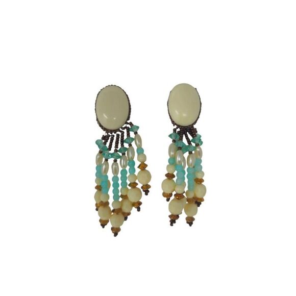 Handmade Elegant Vintage Cream & Teal Beaded Dangle Clip-On Earrings | 3.50" - Picture 2 of 6